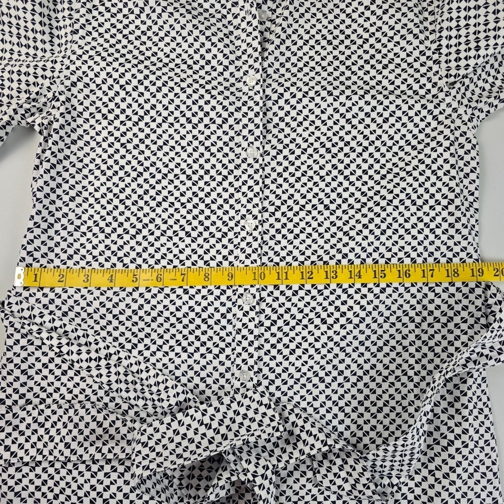 CHAPS Women's Geometric Shirt Dress Tie Waist Ruffle Hem Cotton Black White M - Picture 14 of 16